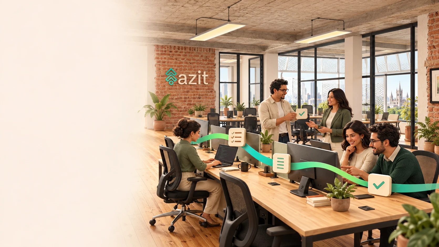 Ilustración conceptual inspirada en la oficina de Azit en Vía Libertad: cinco personas colaboran, conectadas por un flujo verde y turquesa.