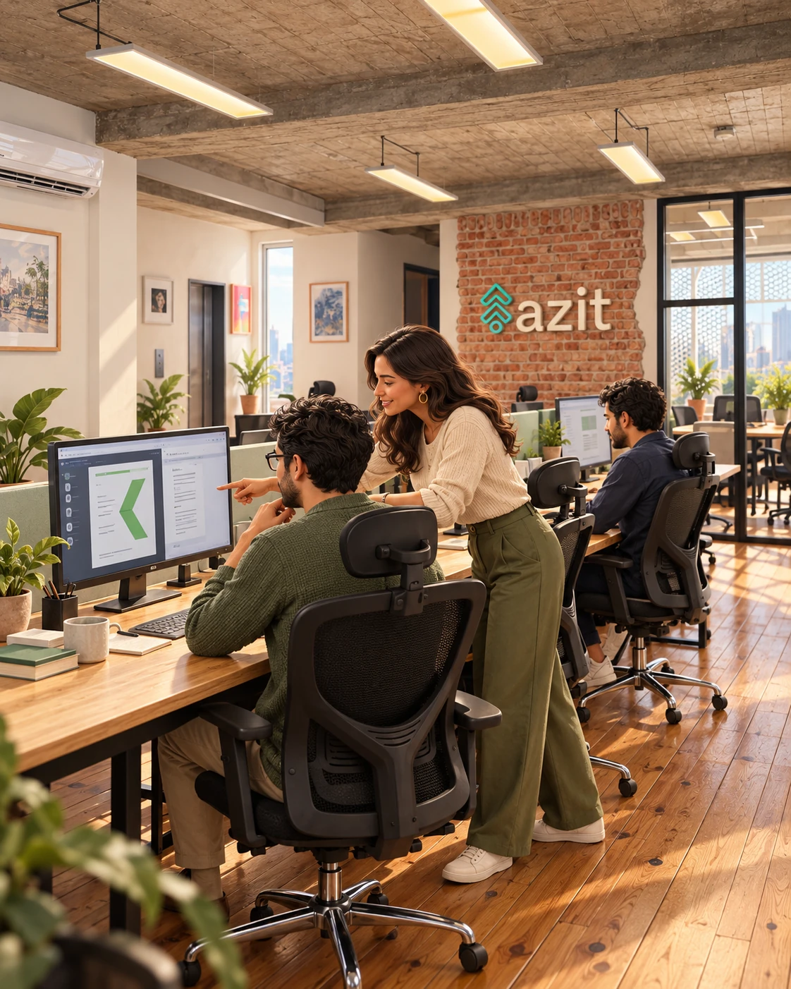 Ilustración conceptual del área de trabajo de Azit: tres personas colaboran en software, con madera, ladrillo y cristal de nuestra oficina real.