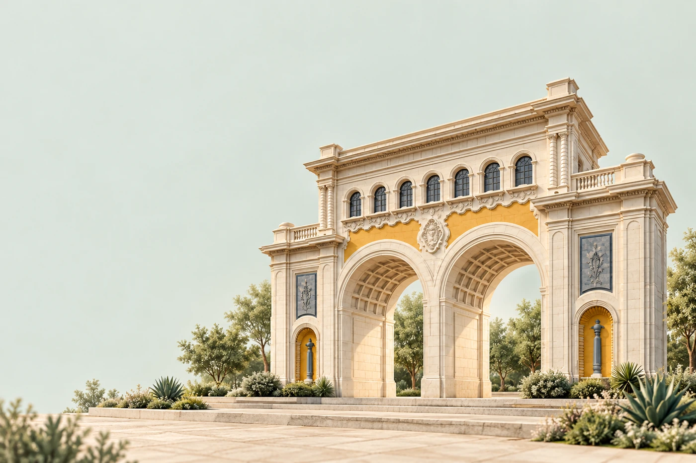 Ilustración arquitectónica de Los Arcos de Guadalajara en piedra marfil y tonos cálidos.